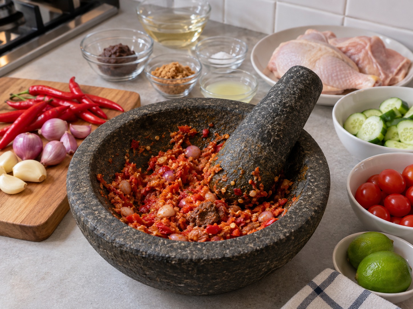 Ayam Taliwang Indonesia — Ulek cabai, bawang merah, dan terasi menjadi sambal kasar