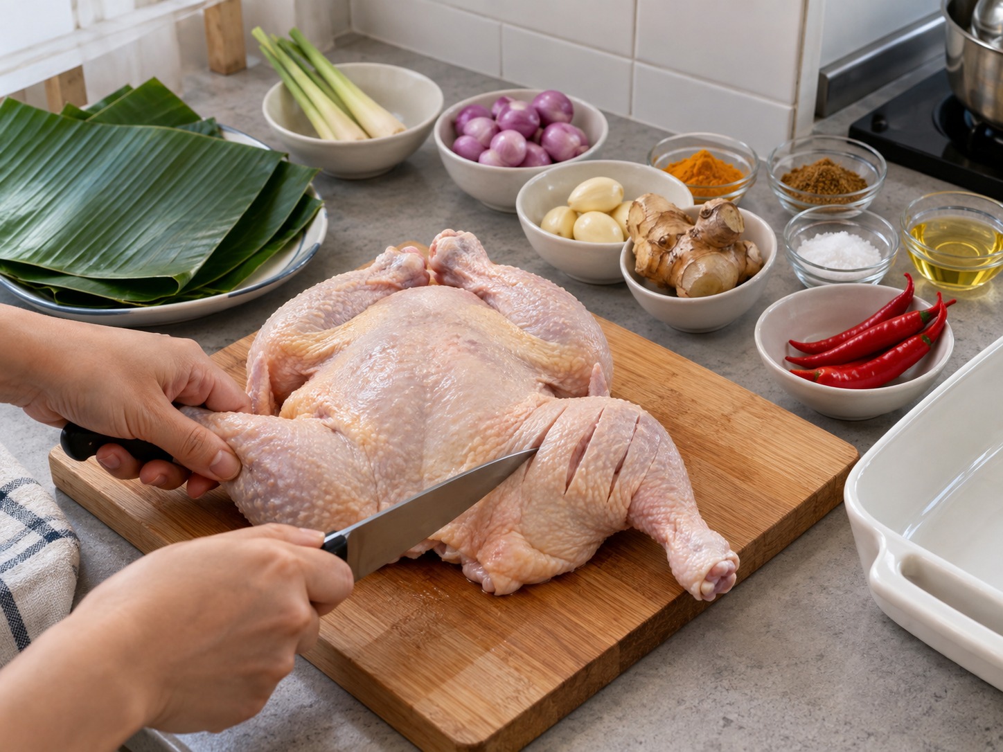 印尼峇里香料焗雞 Ayam Betutu — 全雞去內臟洗淨抹乾，在雞腿厚處劃兩刀