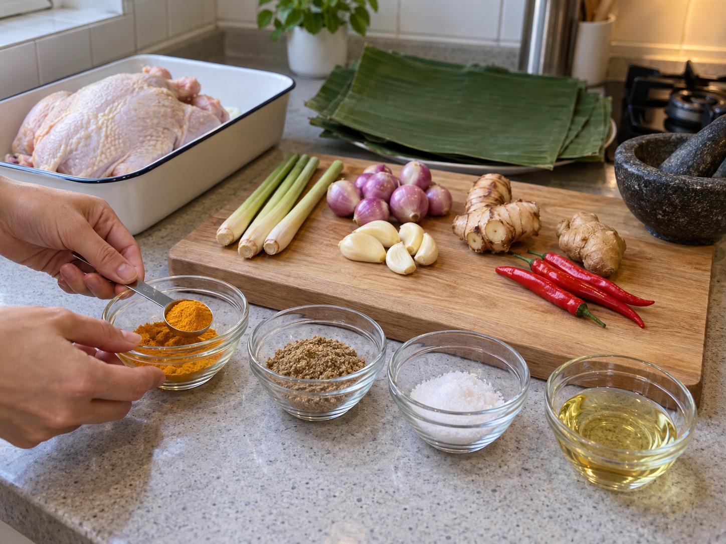印尼峇里香料焗雞 Ayam Betutu — 量好黃薑粉、芫荽籽粉、鹽和食油