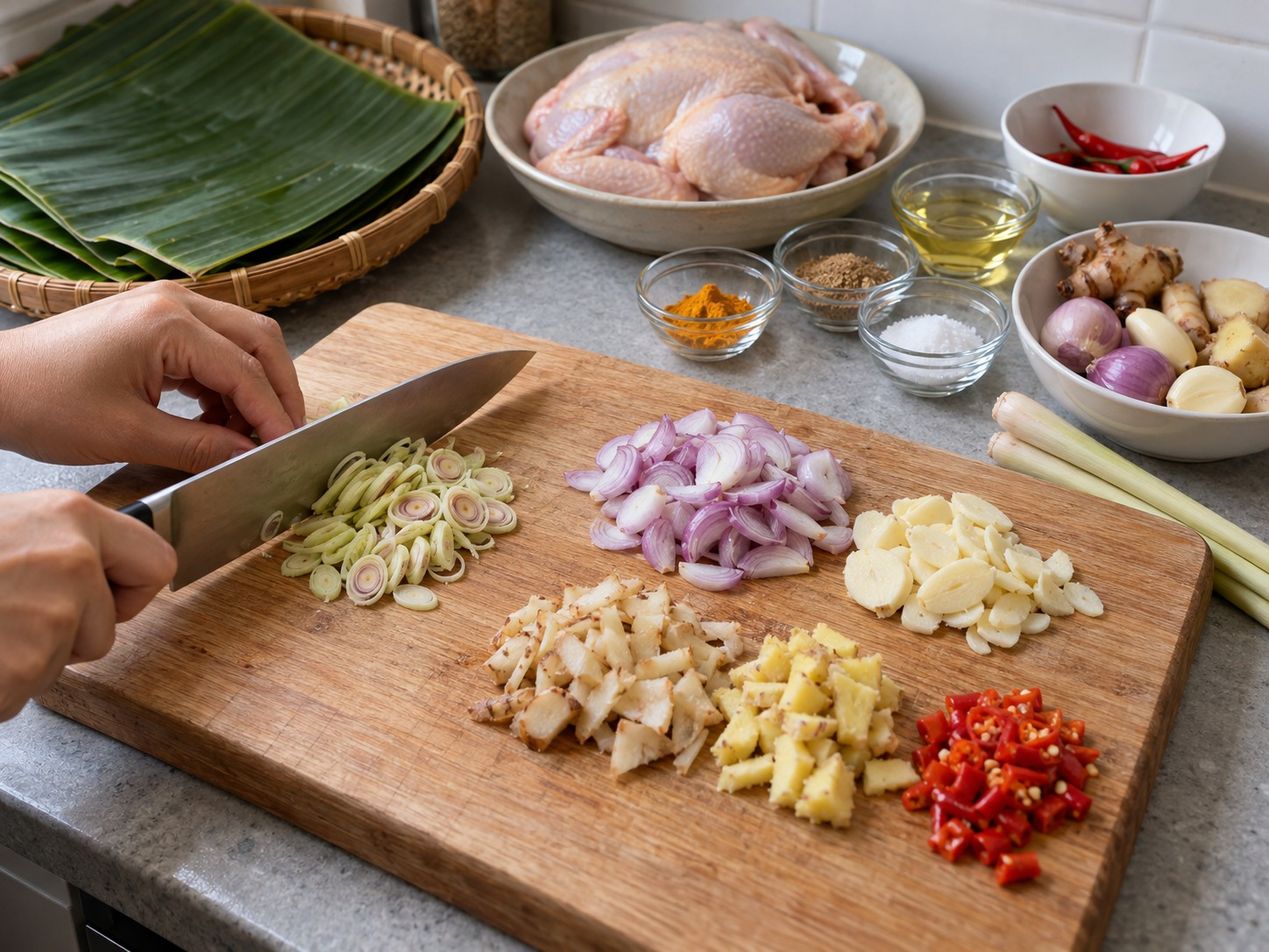 印尼峇里香料焗雞 Ayam Betutu — 香茅、紅蔥頭、蒜、南薑、薑和辣椒切碎