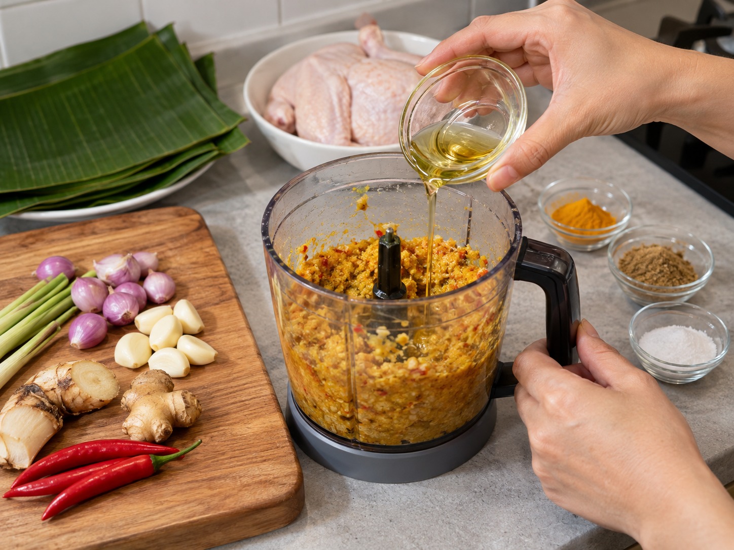 印尼峇里香料焗雞 Ayam Betutu — 全部香料攪成粗醬，再與食油拌勻