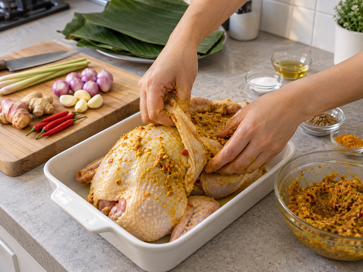 印尼峇里香料焗雞 Ayam Betutu — 把香料醬塗滿雞身、雞皮下和雞腔