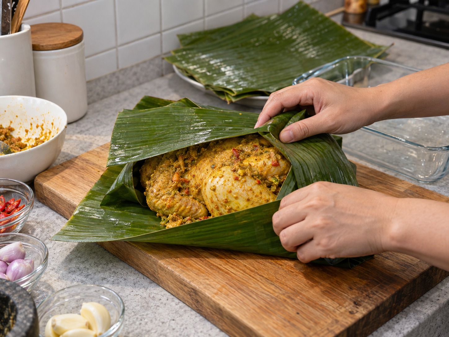 印尼峇里香料焗雞 Ayam Betutu — 蕉葉烘軟，重疊包緊全雞