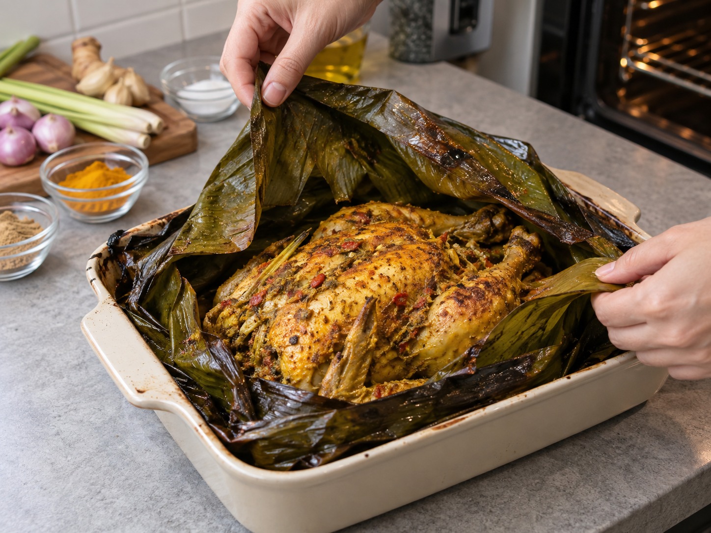 印尼峇里香料焗雞 Ayam Betutu — 打開蕉葉，再焗二十至三十分鐘上色