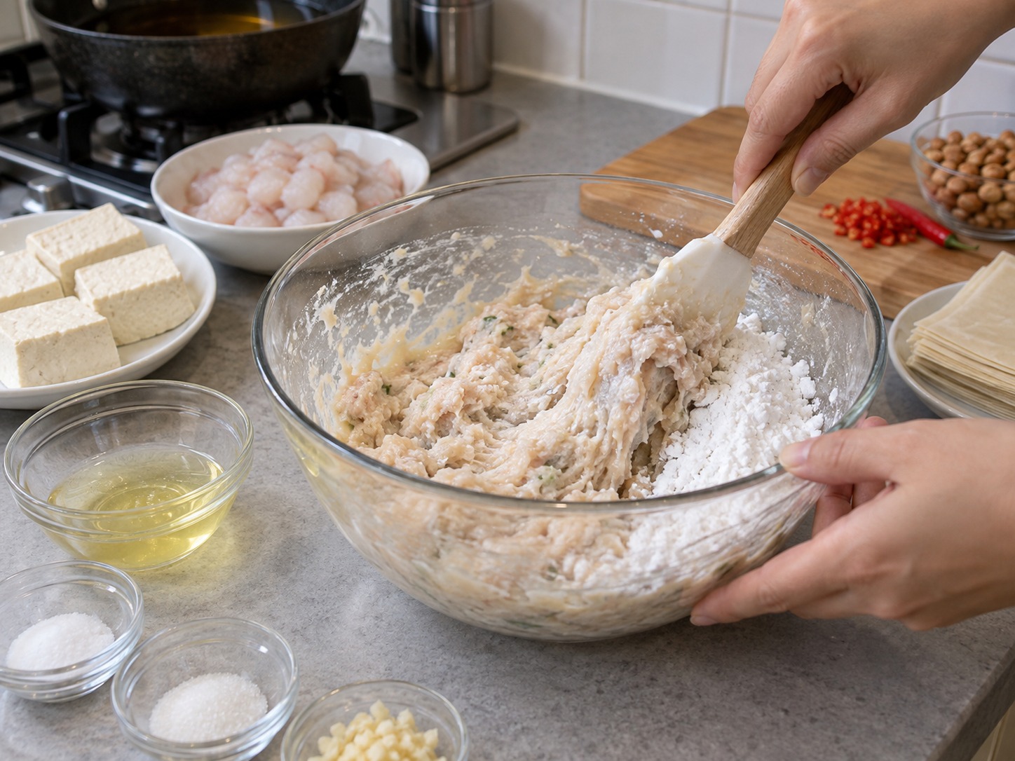 印尼炸魚肉豆腐餃 Batagor — 加蛋白和木薯粉攪至黏稠