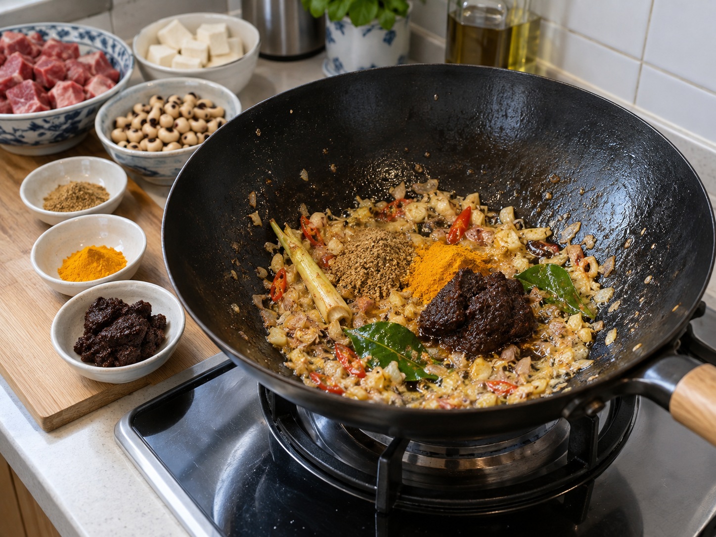 印尼黑果牛肉豆腐燴 Brongkos — 加入芫荽粉、薑黃粉和黑果醬