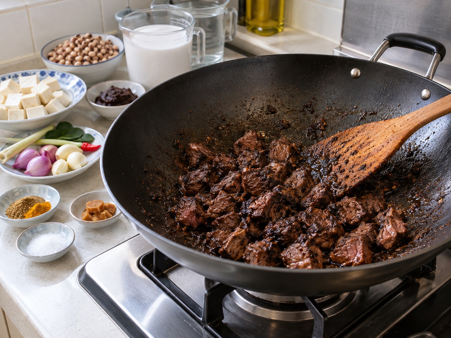 印尼黑果牛肉豆腐燴 Brongkos — 放牛肉翻炒至外面變色