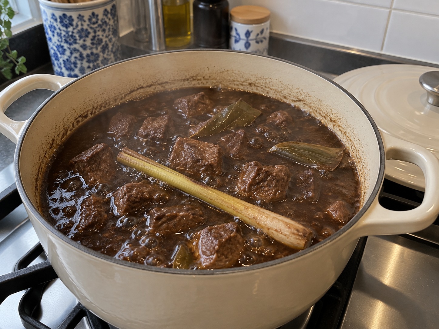 印尼黑果牛肉豆腐燴 Brongkos — 加入清水、香茅與青檸葉