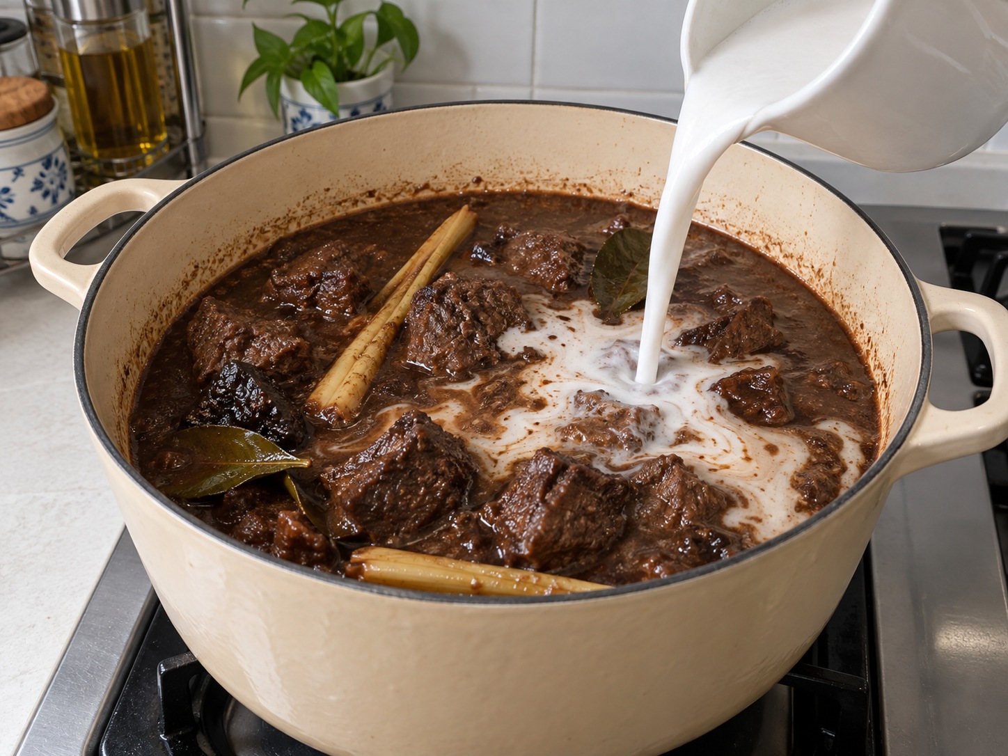 印尼黑果牛肉豆腐燴 Brongkos — 倒入椰奶