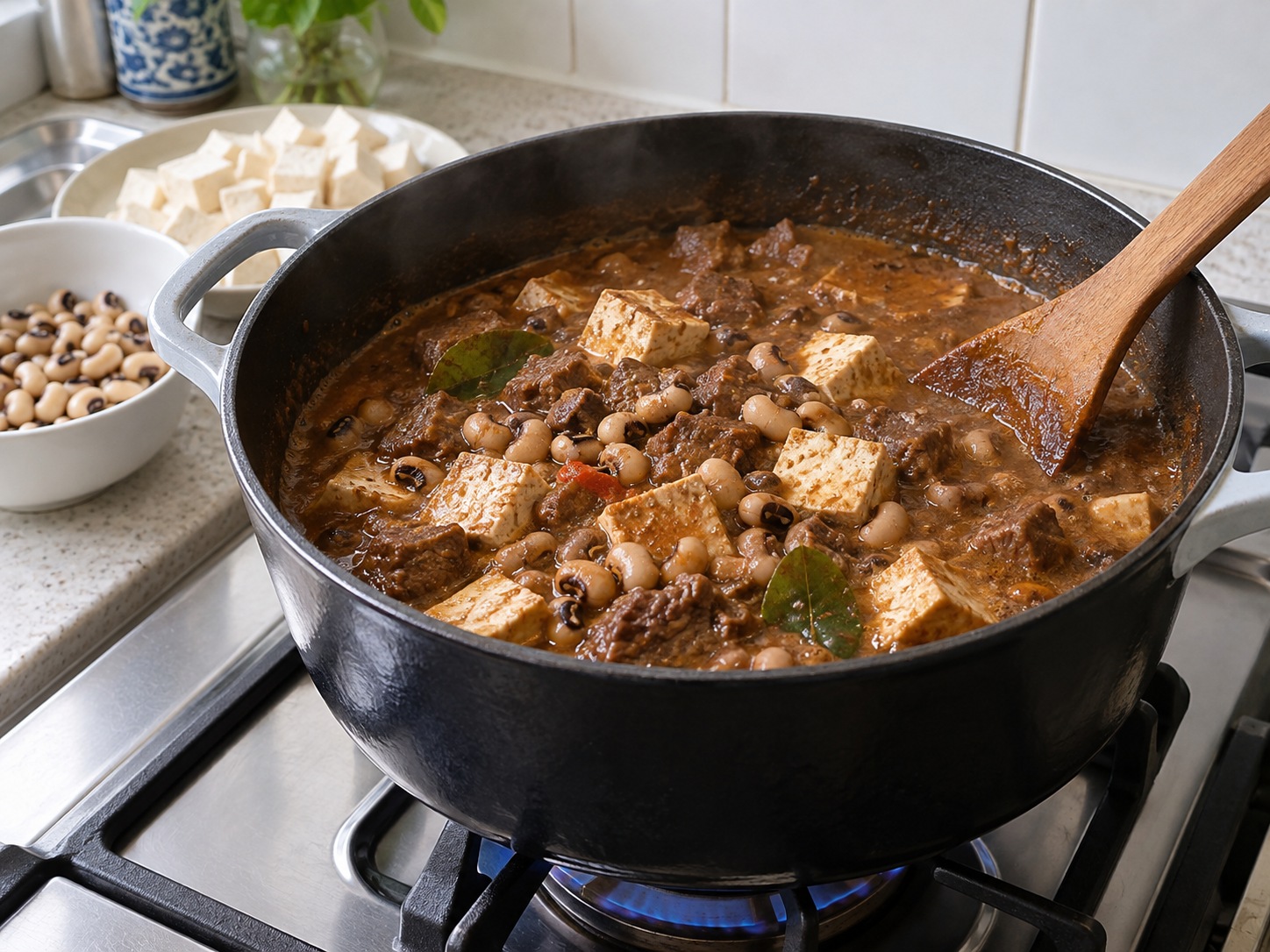 印尼黑果牛肉豆腐燴 Brongkos — 加入熟眉豆及豆腐