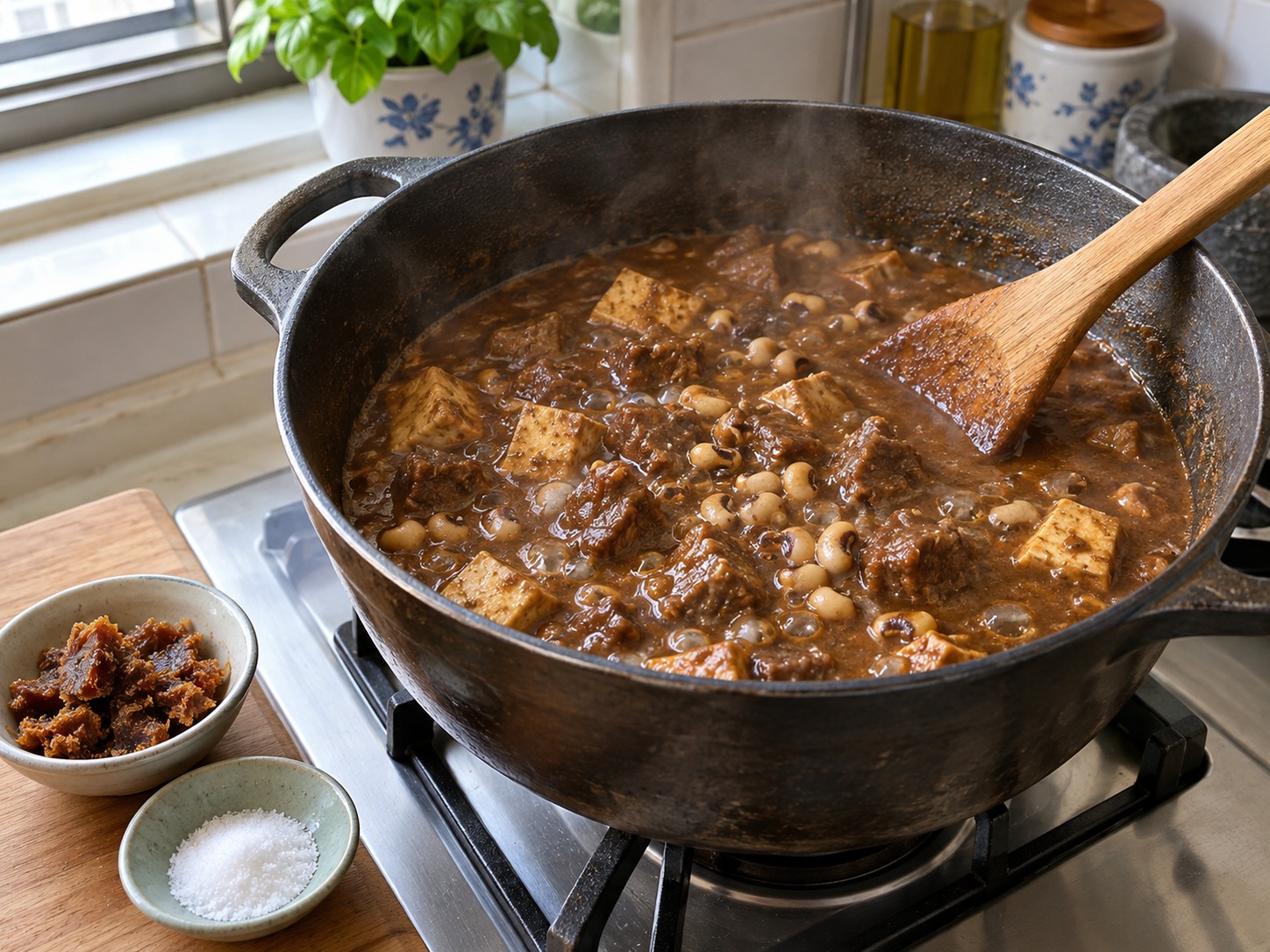 印尼黑果牛肉豆腐燴 Brongkos — 加入椰糖及鹽