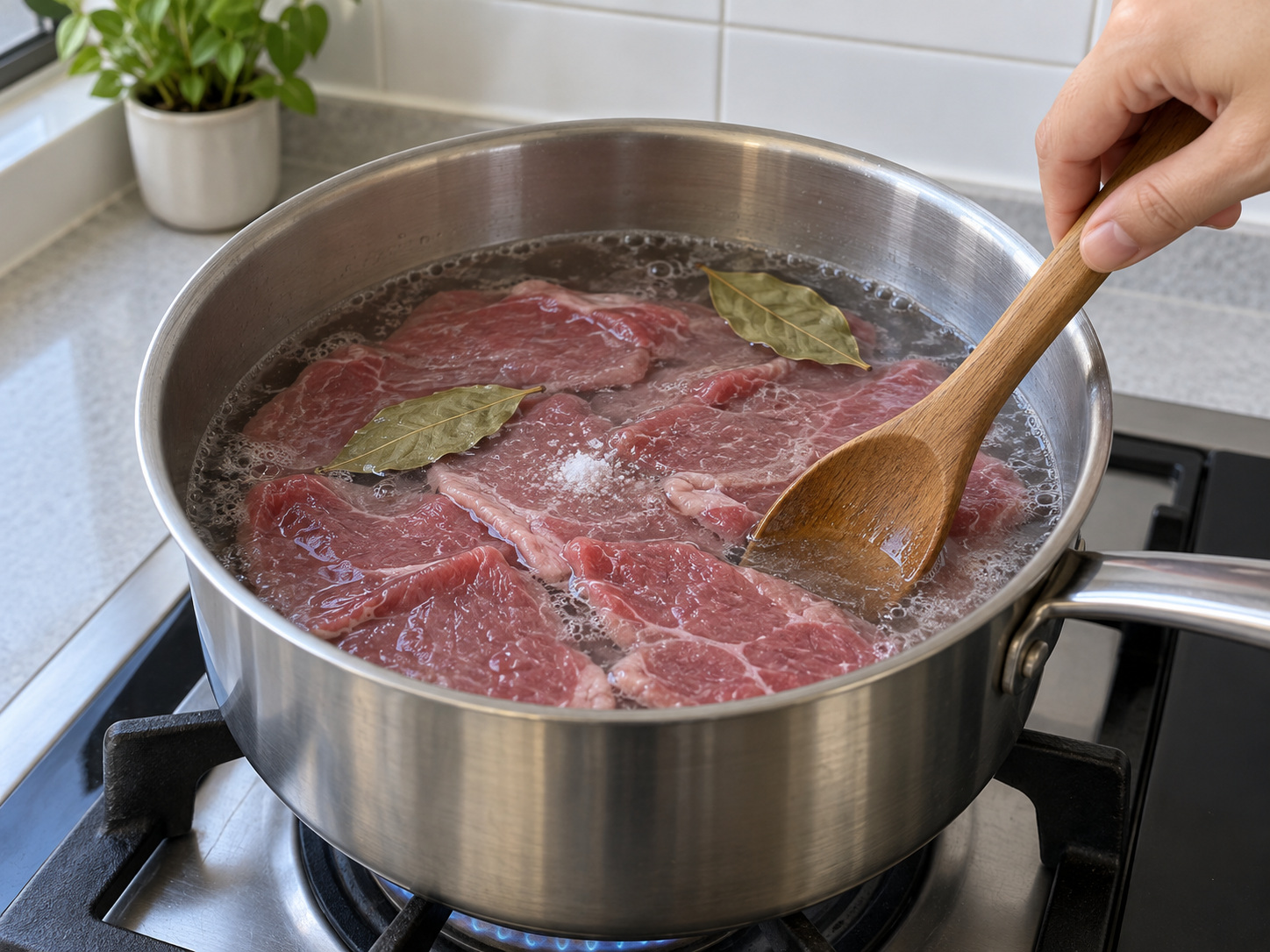 印尼巴拉多香辣脆牛肉 — 2. 牛肉、清水、月桂葉和鹽放入鍋中