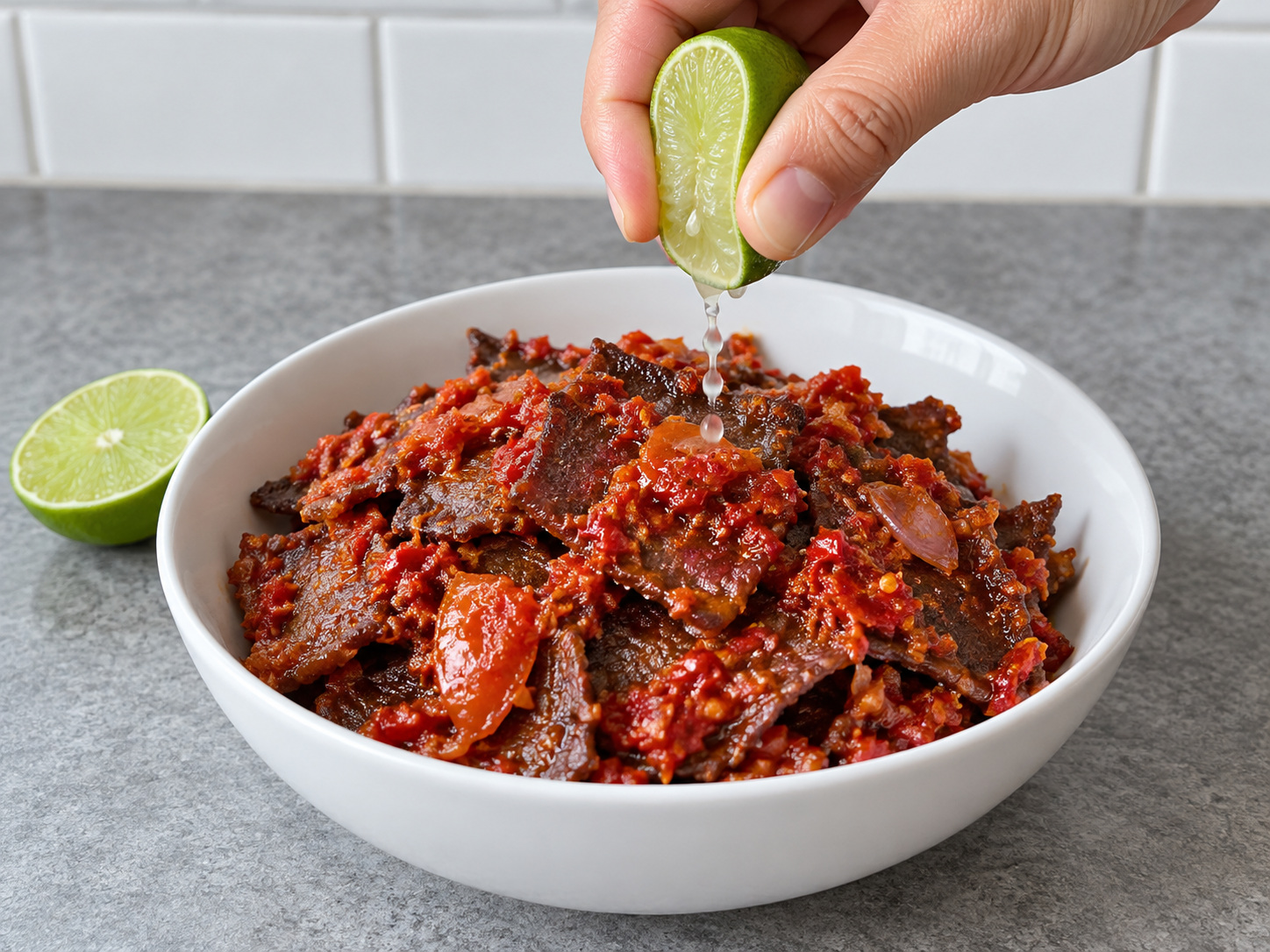 印尼巴拉多香辣脆牛肉 — 12. 擠入青檸汁