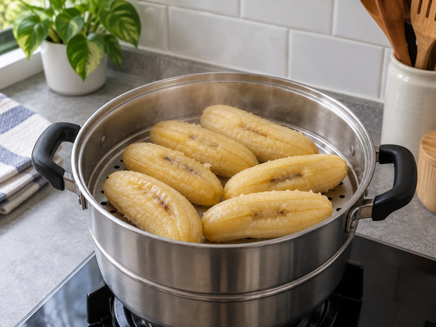 Indonesian Makassar Es Pisang Ijo — Steam bananas
