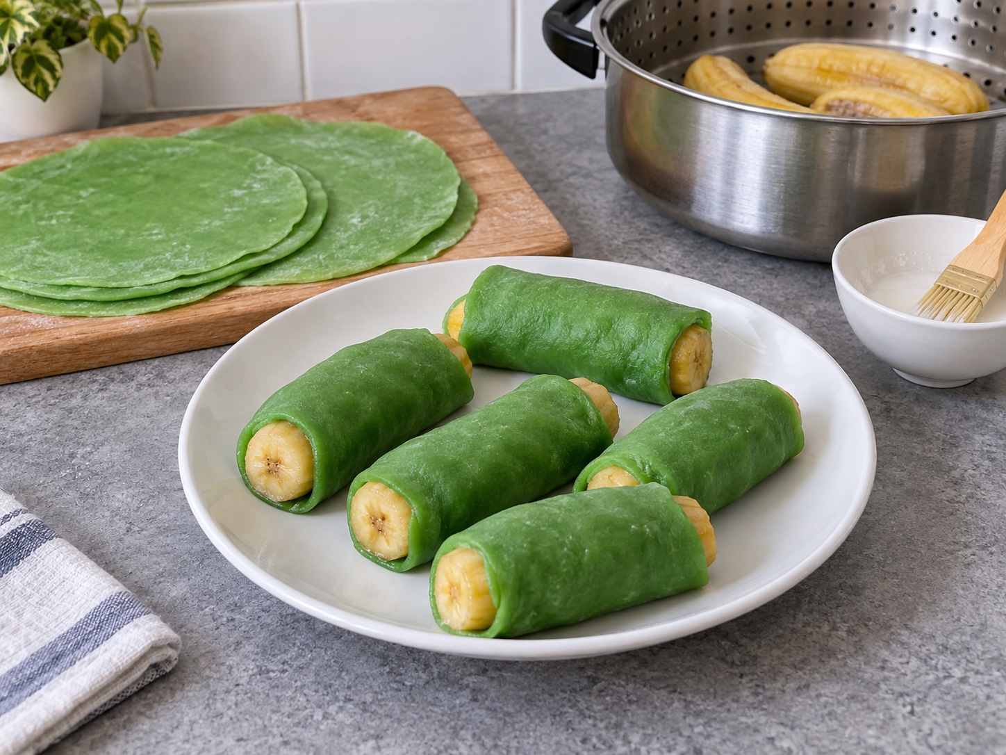 Indonesian Makassar Es Pisang Ijo — Wrap bananas