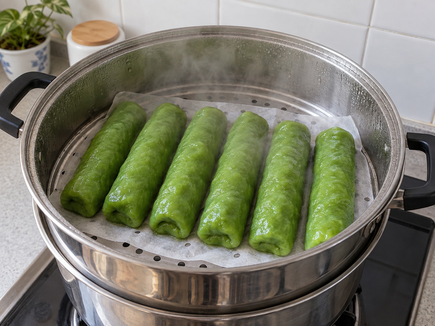Indonesian Makassar Es Pisang Ijo — Steam green rolls