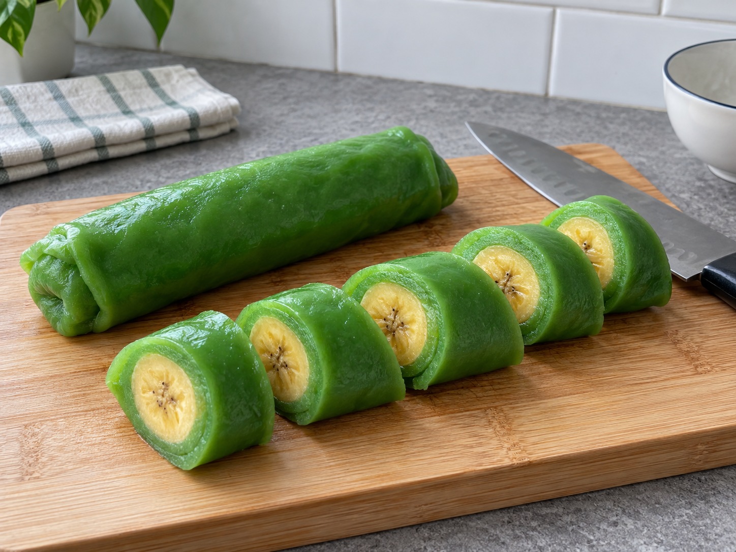 Indonesian Makassar Es Pisang Ijo — Slice green bananas