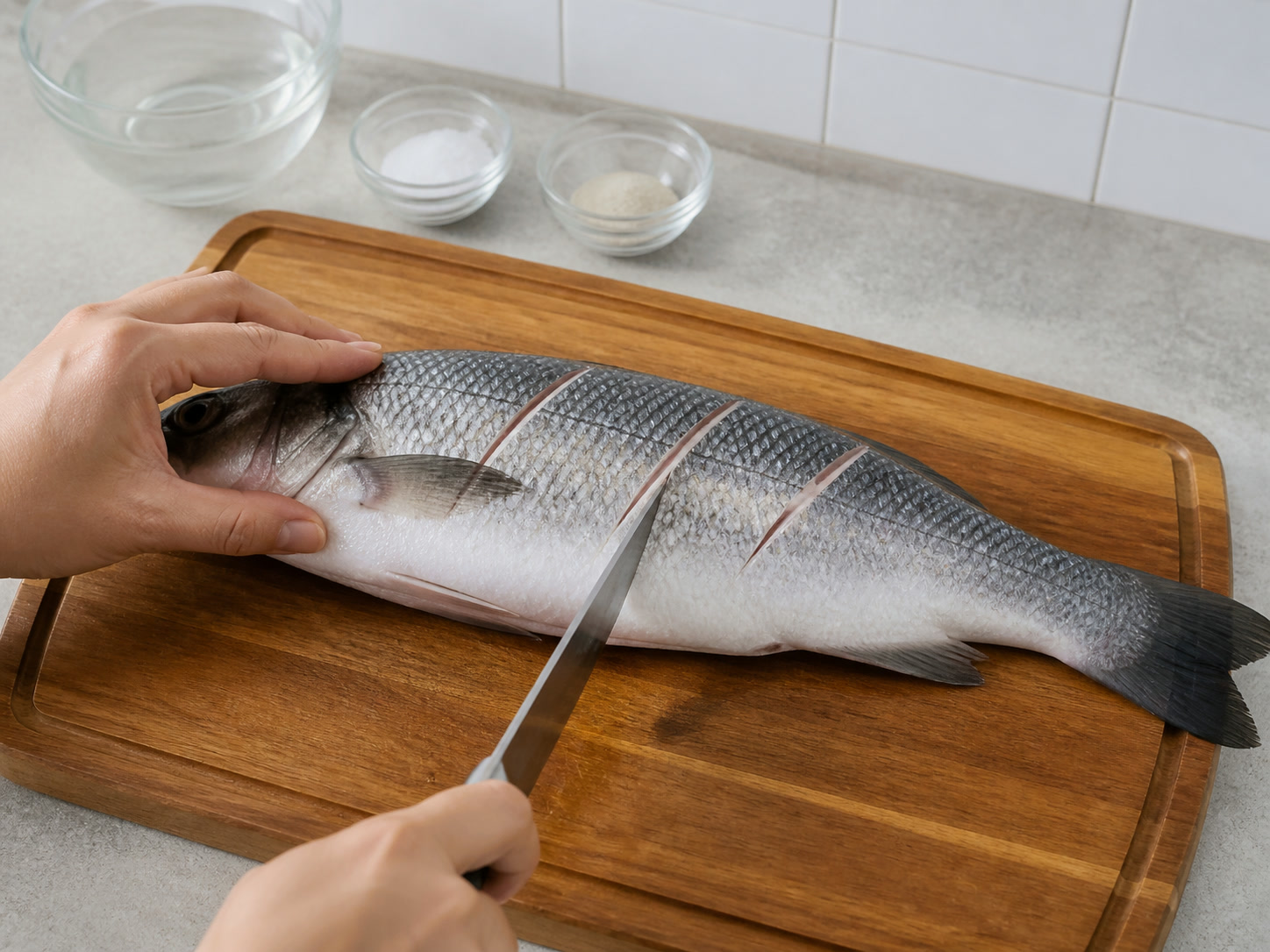 Indonesian Grilled Fish with Sweet Soy Sambal: Score the fish