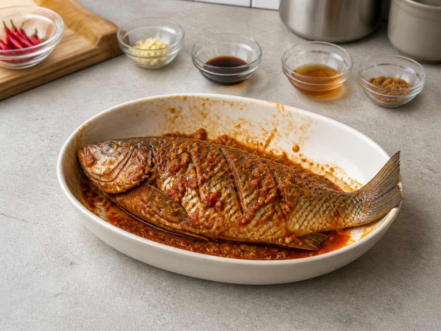Indonesian Grilled Fish with Sweet Soy Sambal: Marinate the fish