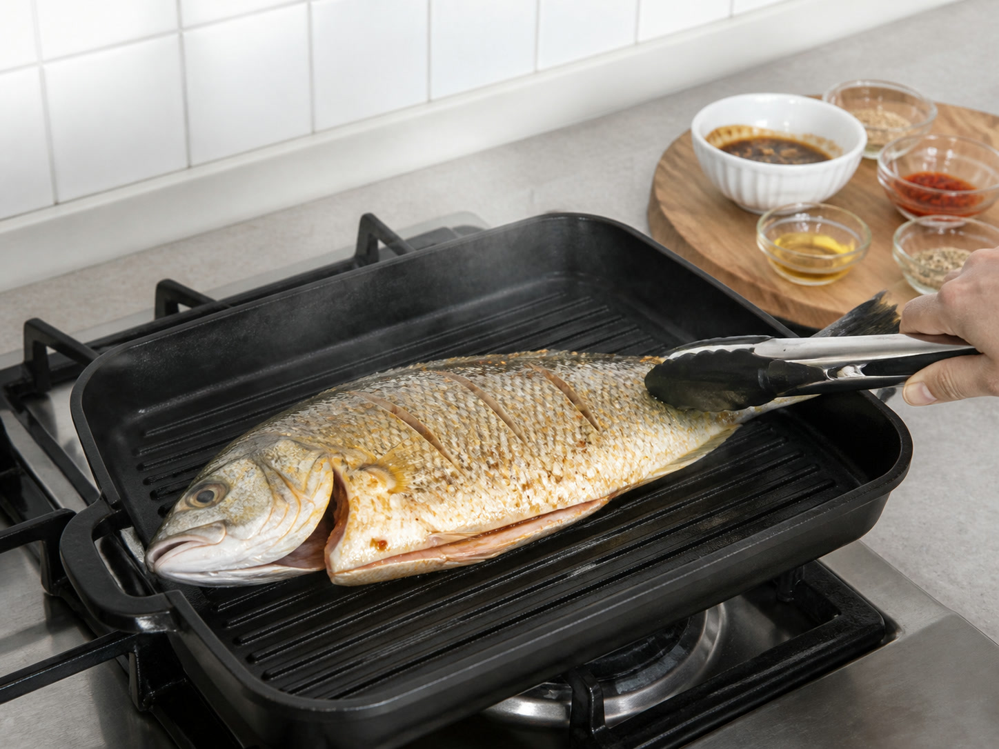 Indonesian Grilled Fish with Sweet Soy Sambal: Place fish on the grill