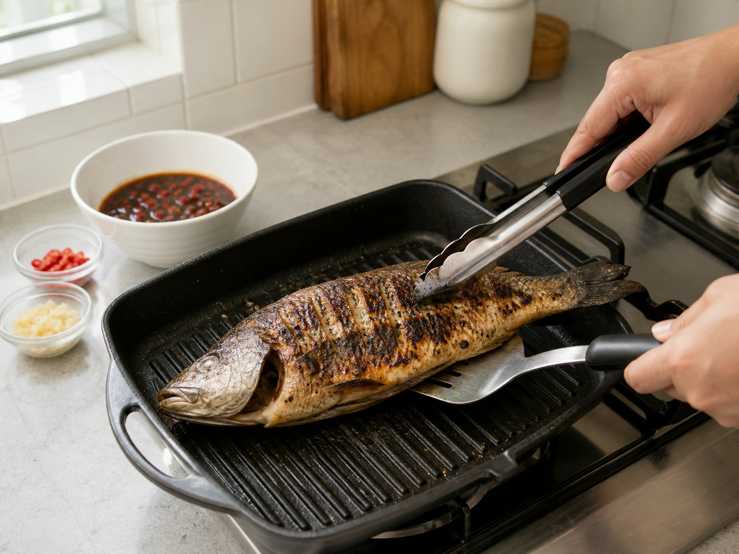 Indonesian Grilled Fish with Sweet Soy Sambal: Turn the fish