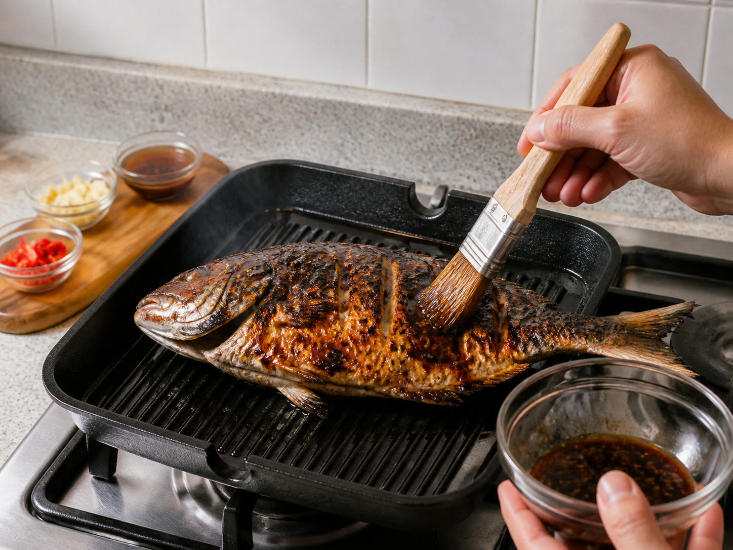 Indonesian Grilled Fish with Sweet Soy Sambal: Baste and finish grilling