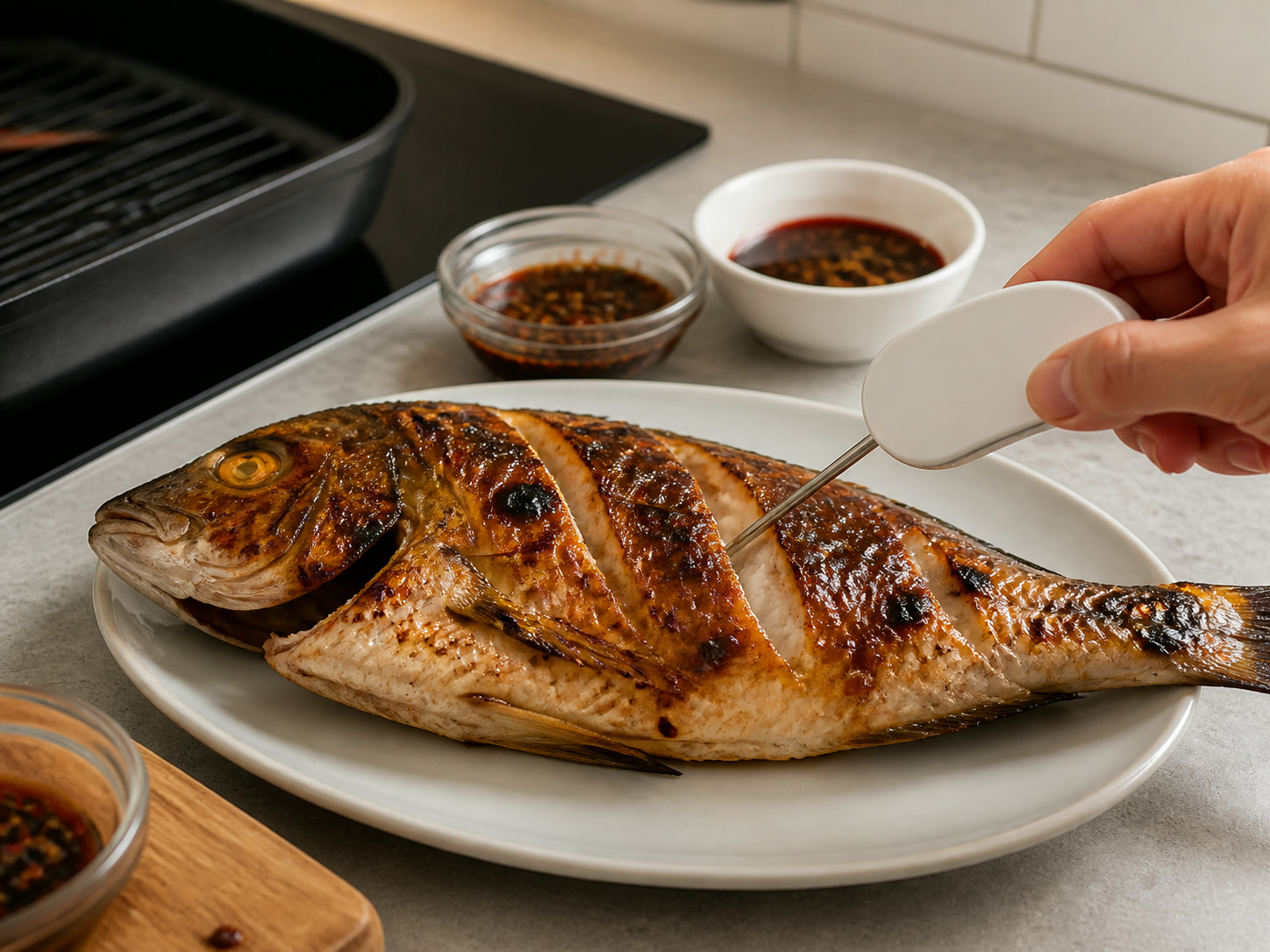 Indonesian Grilled Fish with Sweet Soy Sambal: Check doneness