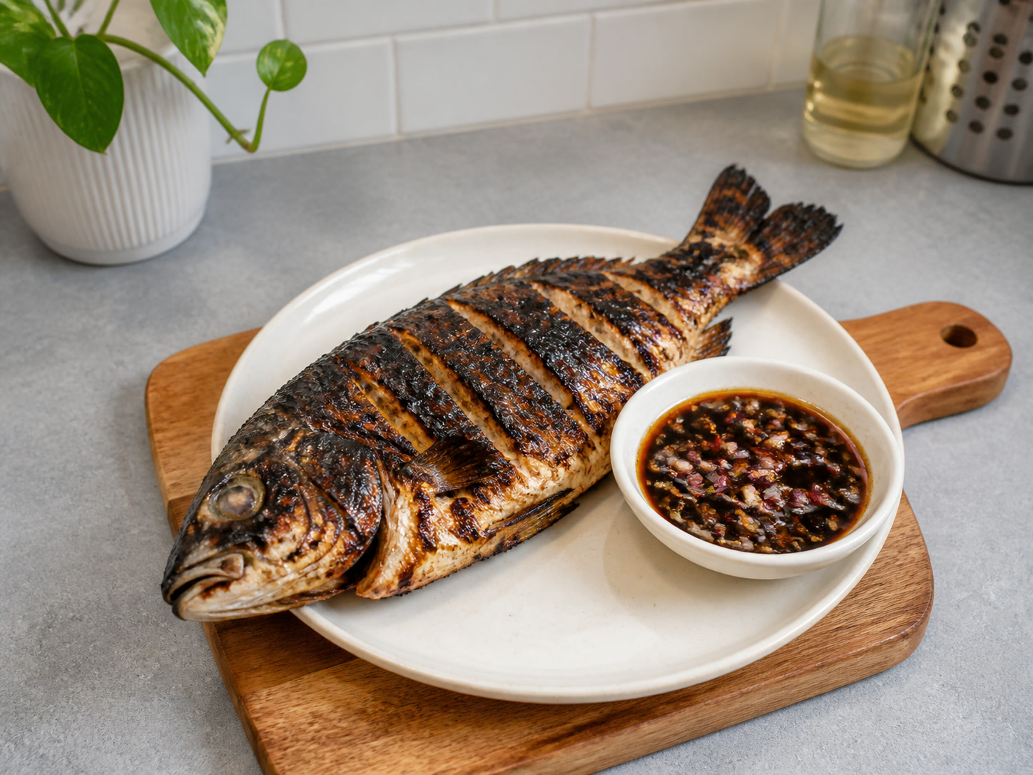 Indonesian Grilled Fish with Sweet Soy Sambal: Rest and serve with sambal