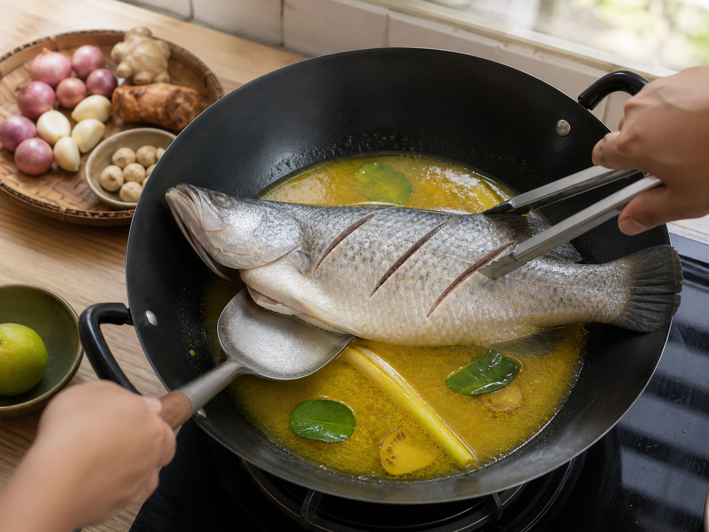 印尼黃薑香料煮魚 — 魚放入黃香料汁