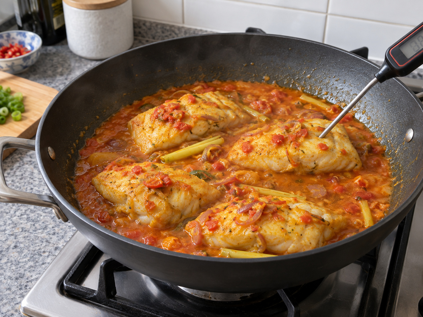印尼萬鴉老香料魚 — 魚肉熟至不透明，最厚處達75°C