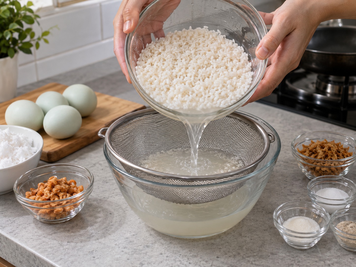 印尼巴達維糯米蛋餅 Kerak Telor — 糯米浸四小時後瀝乾