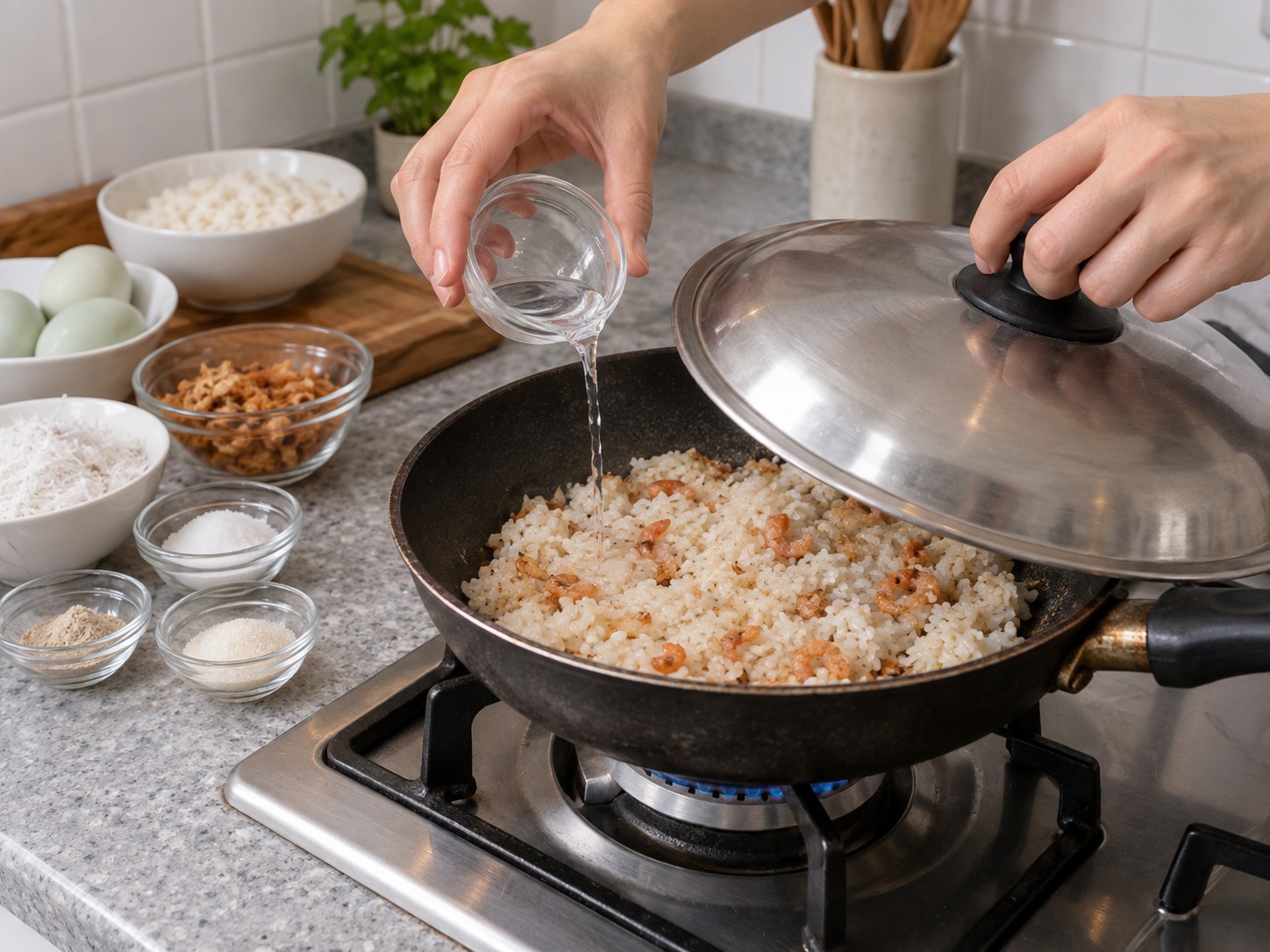 印尼巴達維糯米蛋餅 Kerak Telor — 加兩湯匙水加蓋焗熟
