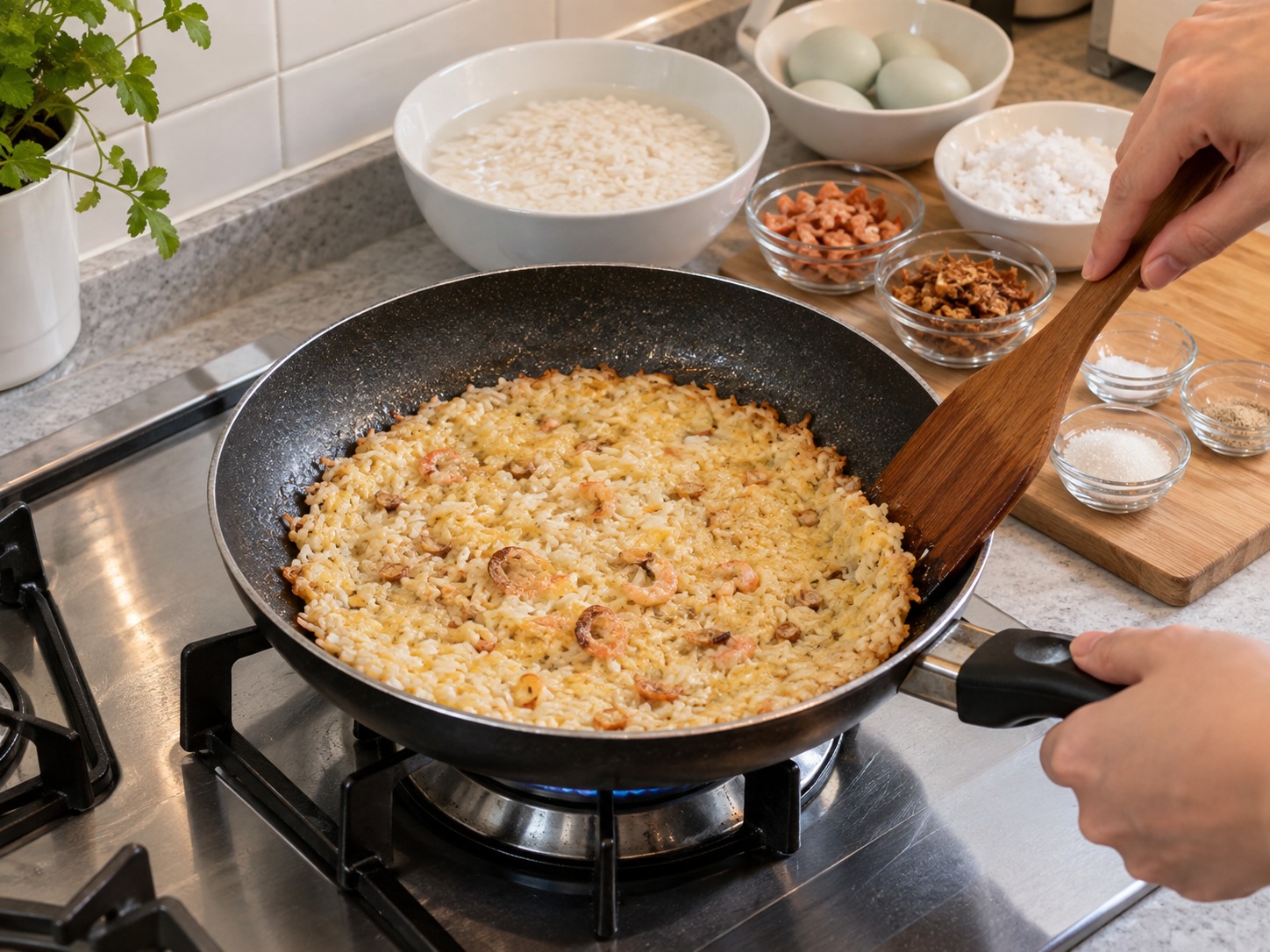 印尼巴達維糯米蛋餅 Kerak Telor — 小火煎至底部脆