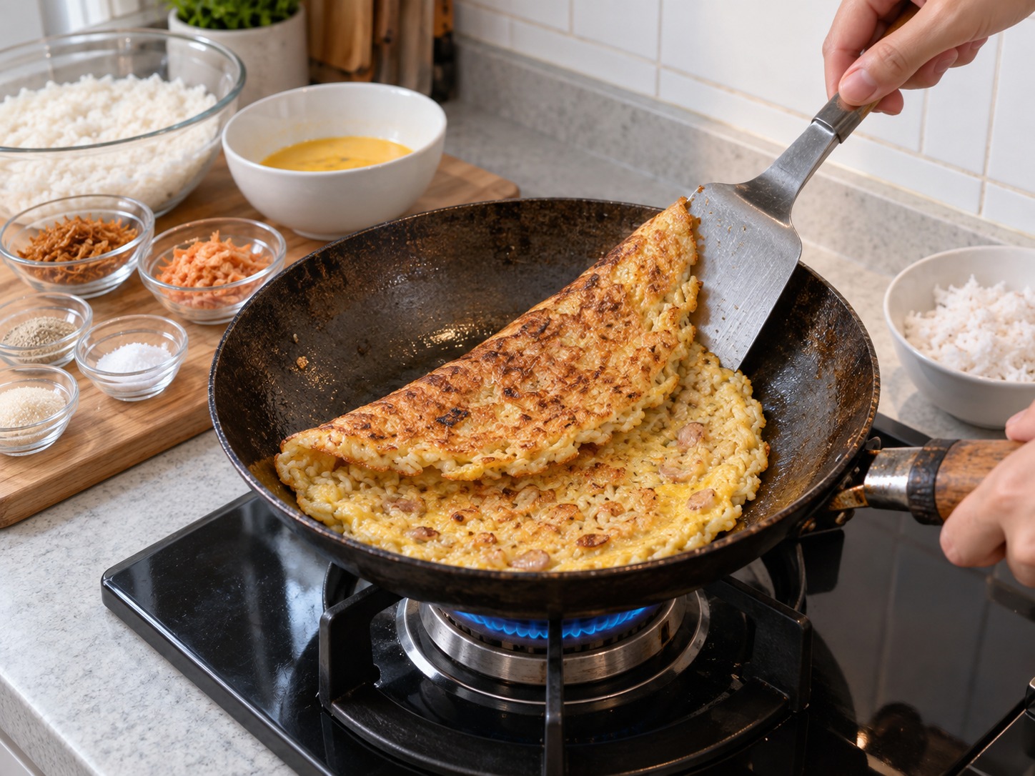 印尼巴達維糯米蛋餅 Kerak Telor — 翻面短煎蛋面