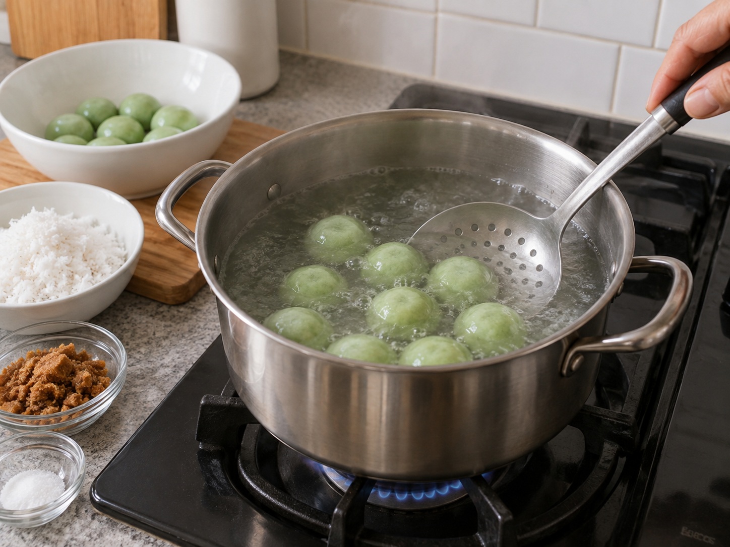 Indonesian Klepon Palm Sugar Rice Balls — Add in batches