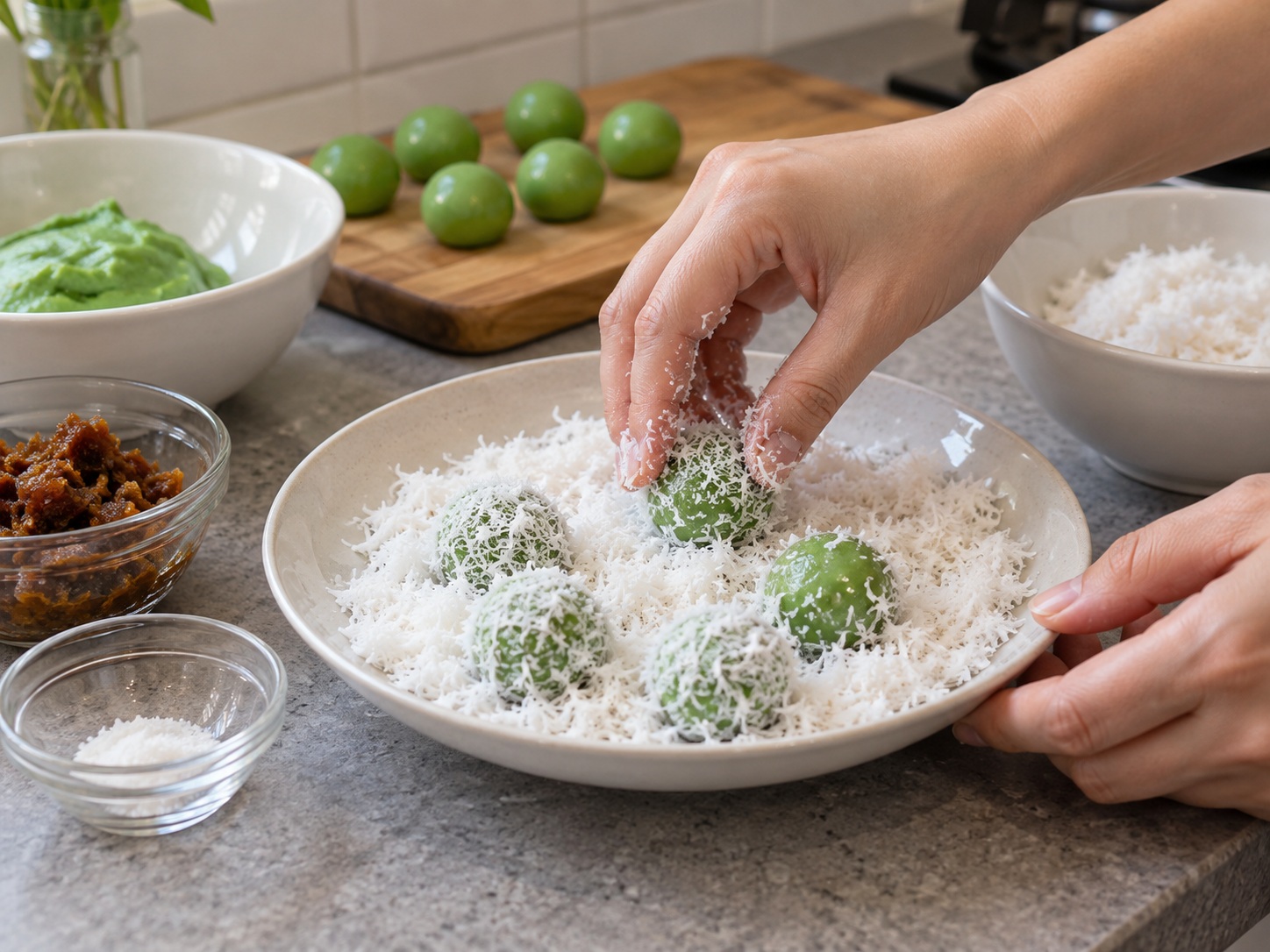 Indonesian Klepon Palm Sugar Rice Balls — Coat in coconut