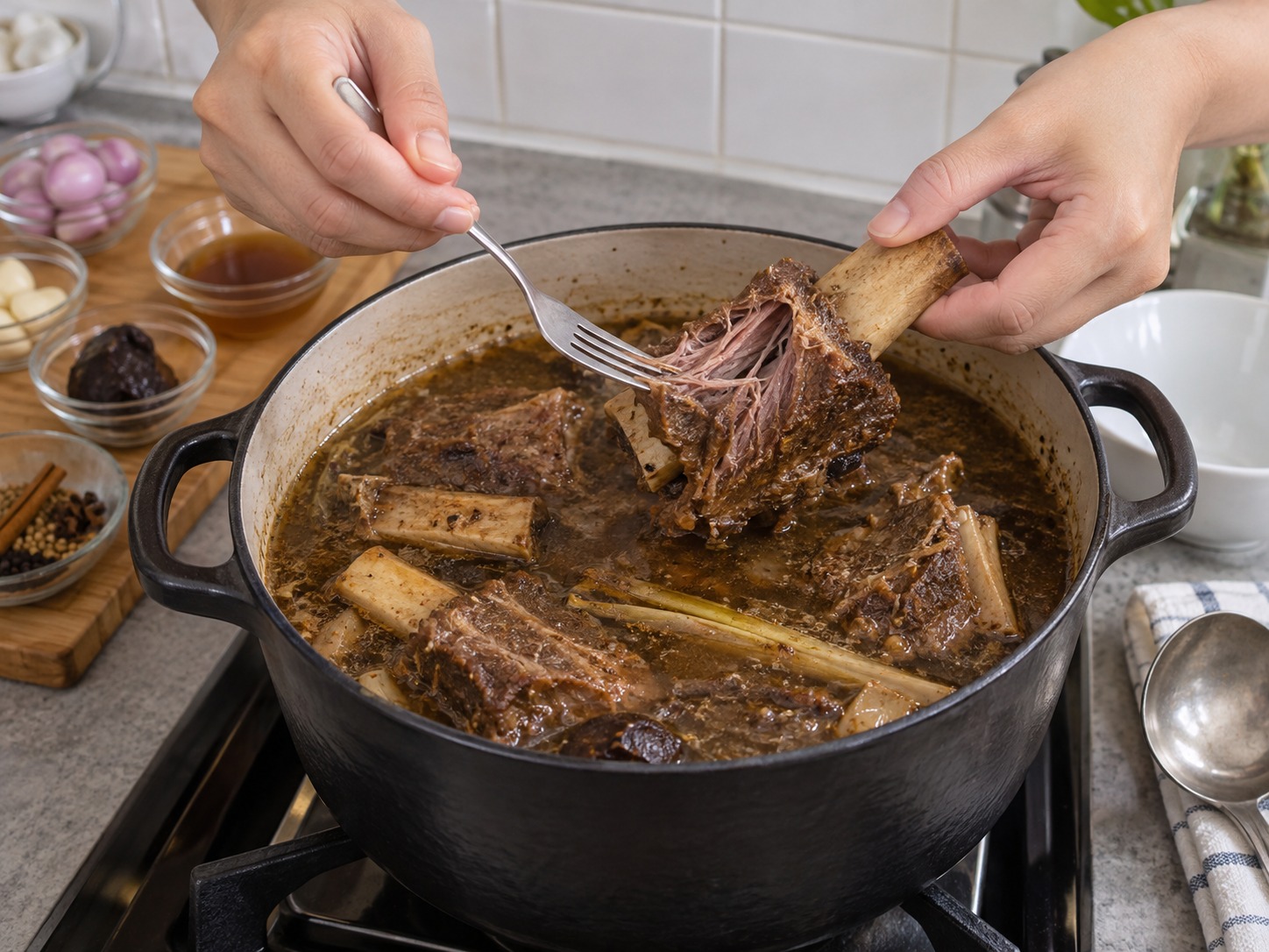 Sup Konro Iga Sapi Makassar — Tusuk daging; harus mudah lepas dari tulang namun tetap utuh