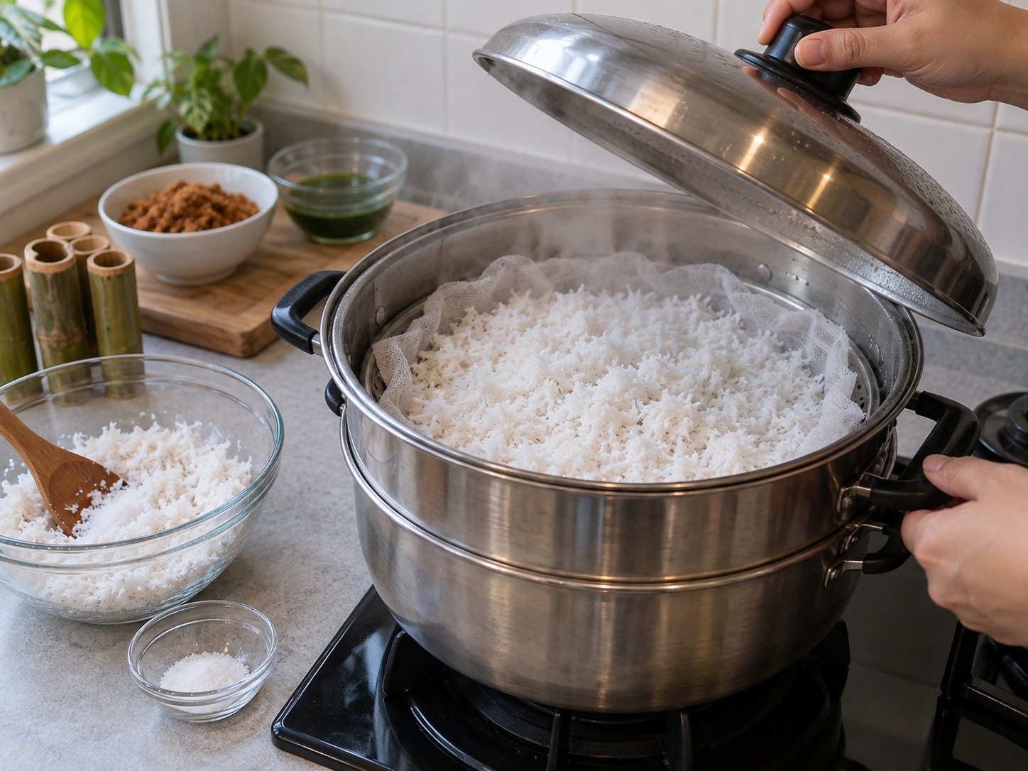 Indonesian Kue Putu — Mix coconut with salt, steam five minutes and cool