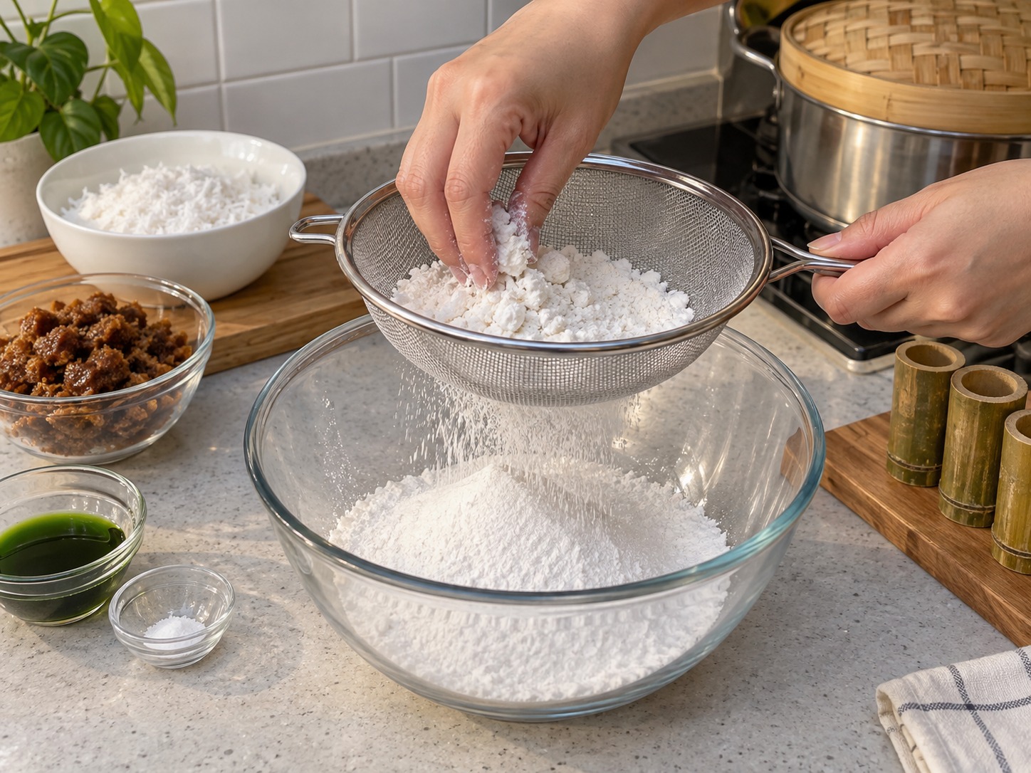 Indonesian Kue Putu — Sift rice flour and break every lump