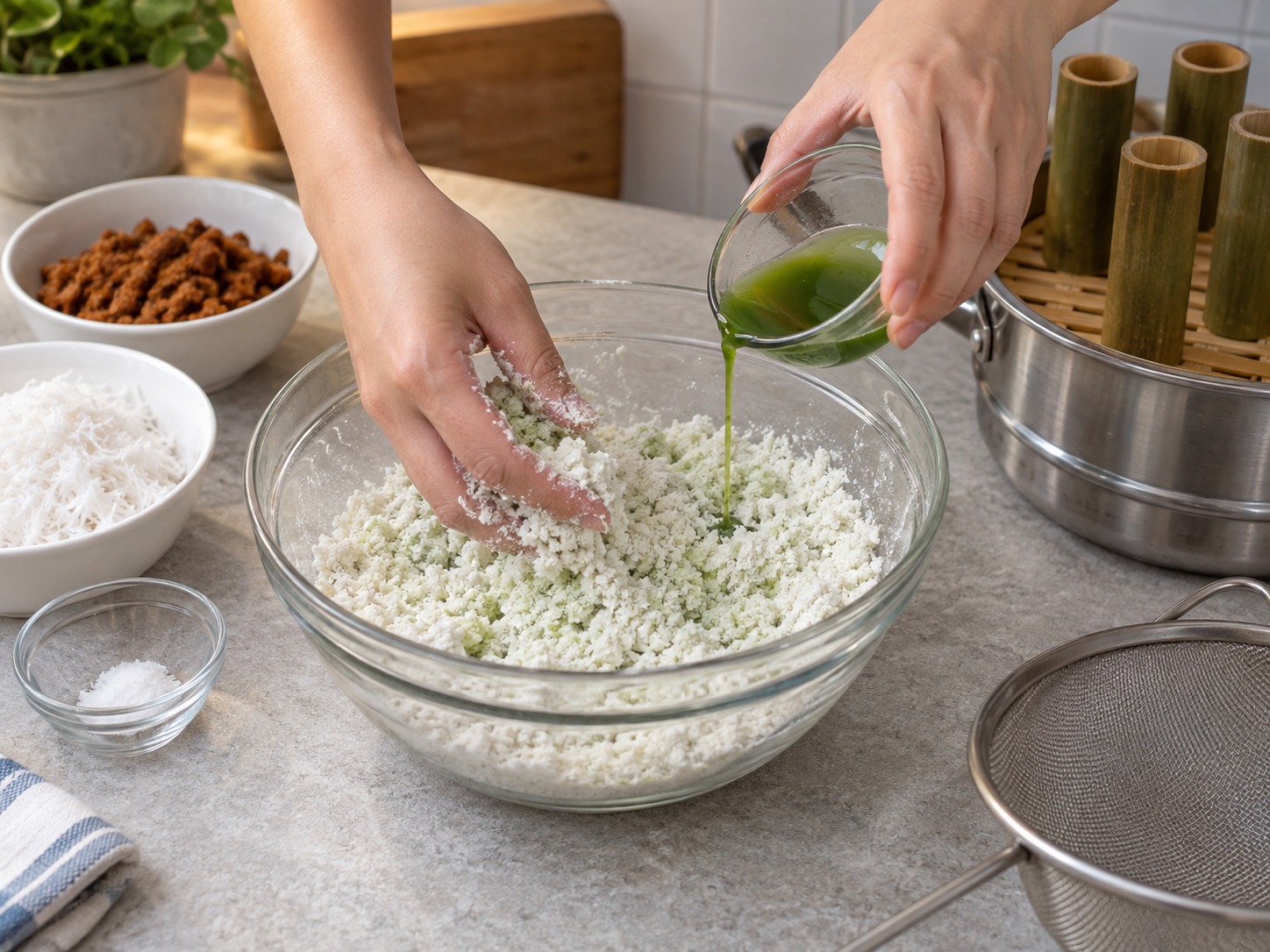 Indonesian Kue Putu — Sprinkle pandan water gradually, rubbing flour into damp sand
