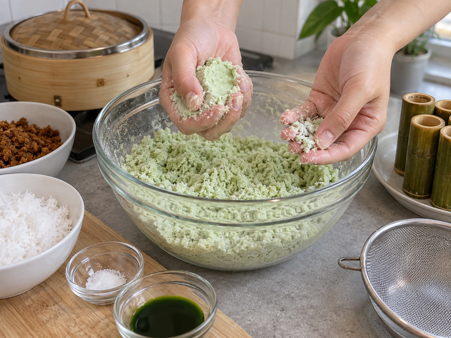 Indonesian Kue Putu — Stop adding water when flour holds when squeezed but crumbles when touched