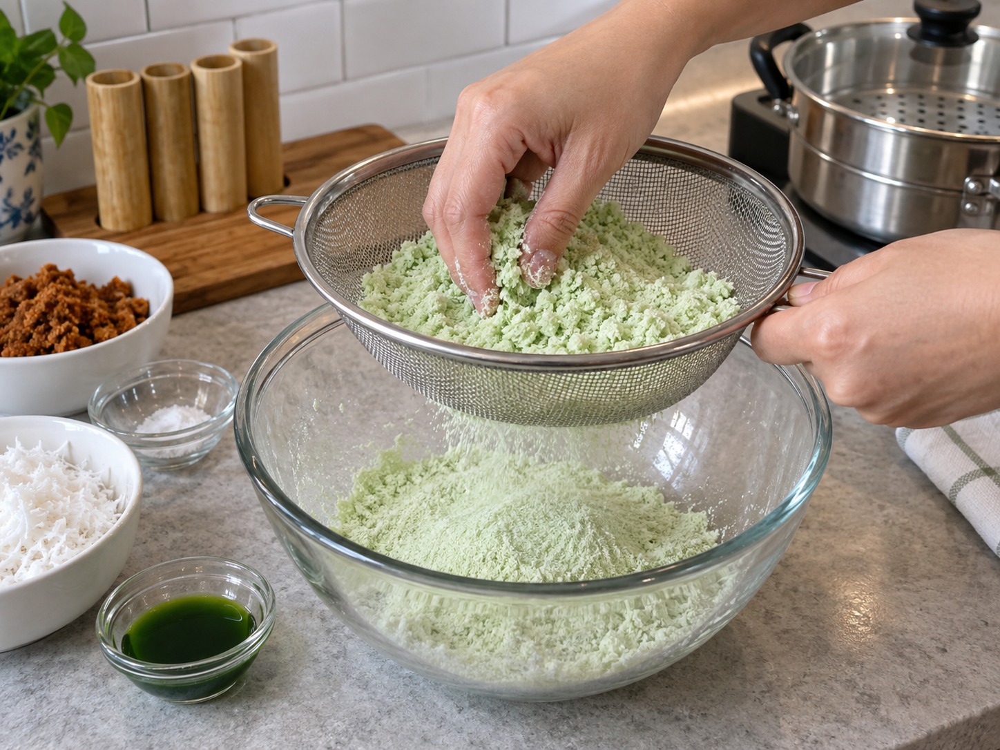 Indonesian Kue Putu — Pass moistened flour through a coarse sieve to keep it airy