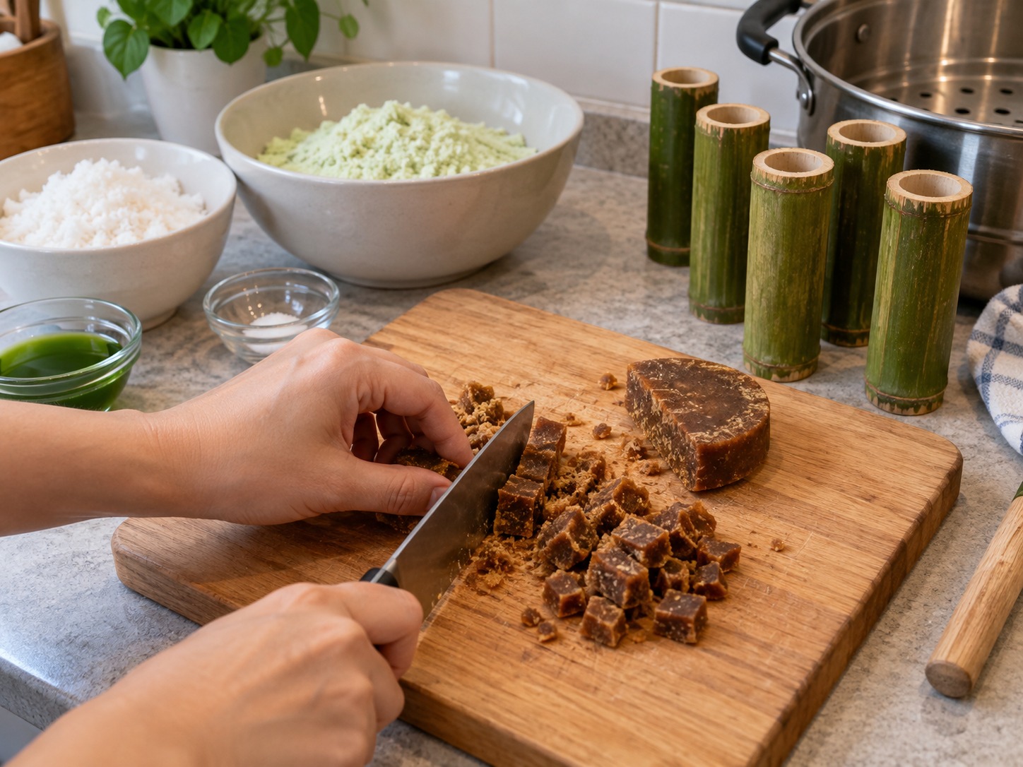 Indonesian Kue Putu — Chop palm sugar into pieces that fit the bamboo tubes