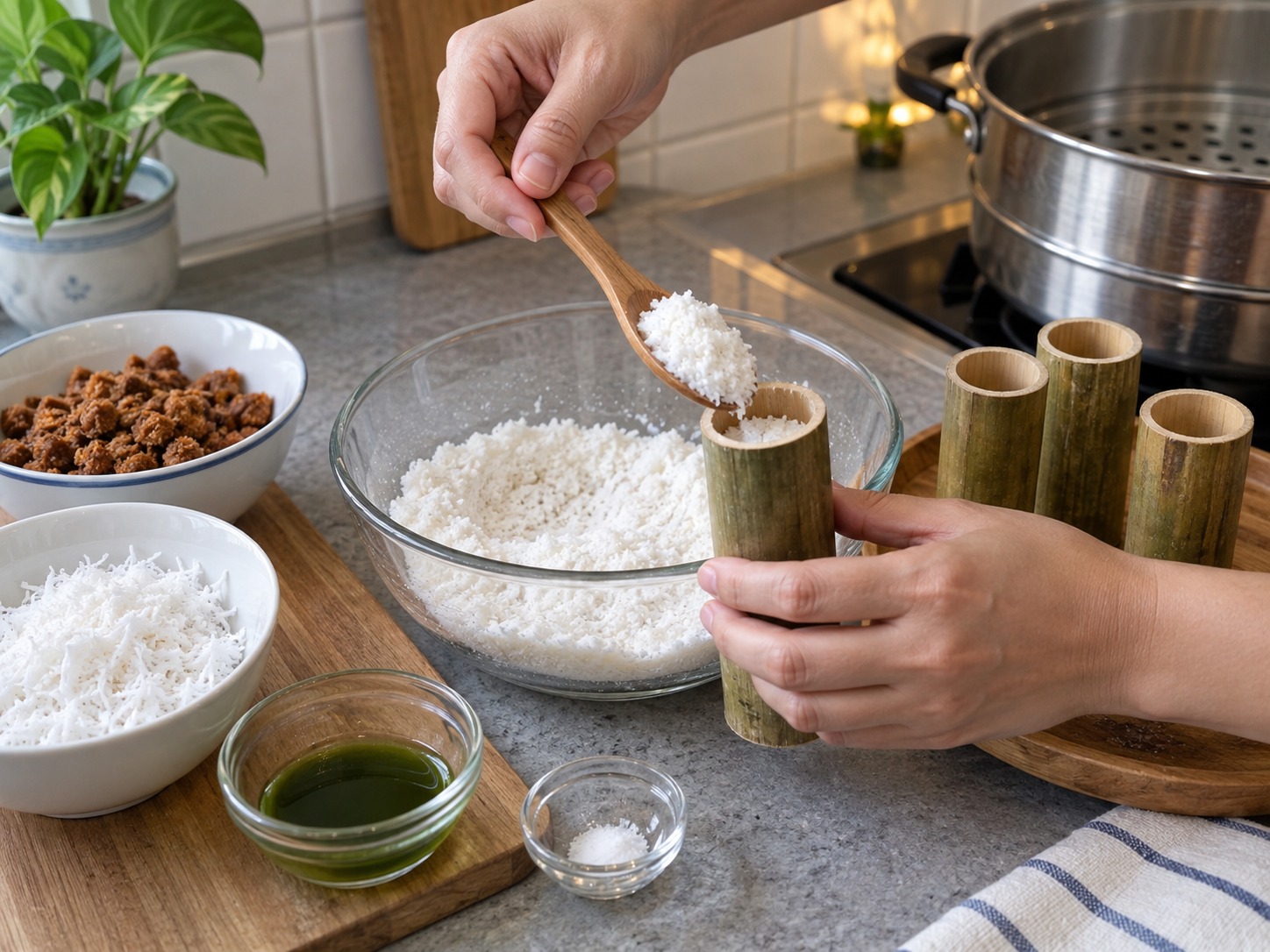 Indonesian Kue Putu — Loosely fill each tube one-third with rice flour