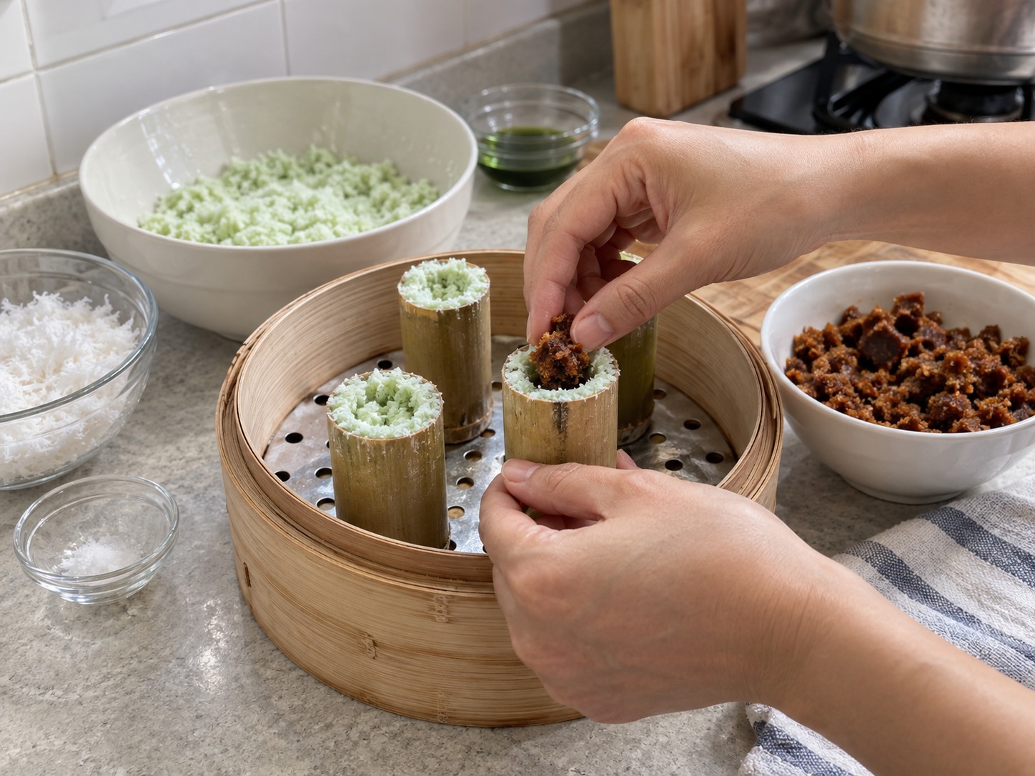 Indonesian Kue Putu — Centre palm sugar, keeping it away from tube edges