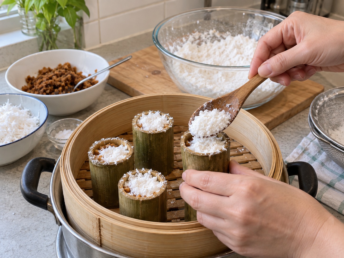 Indonesian Kue Putu — Top with flour without compacting and level the surface