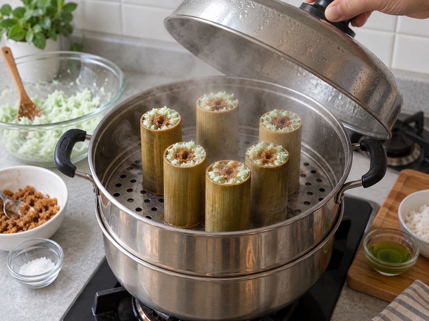 Indonesian Kue Putu — Stand tubes upright over strong steam for eight to ten minutes