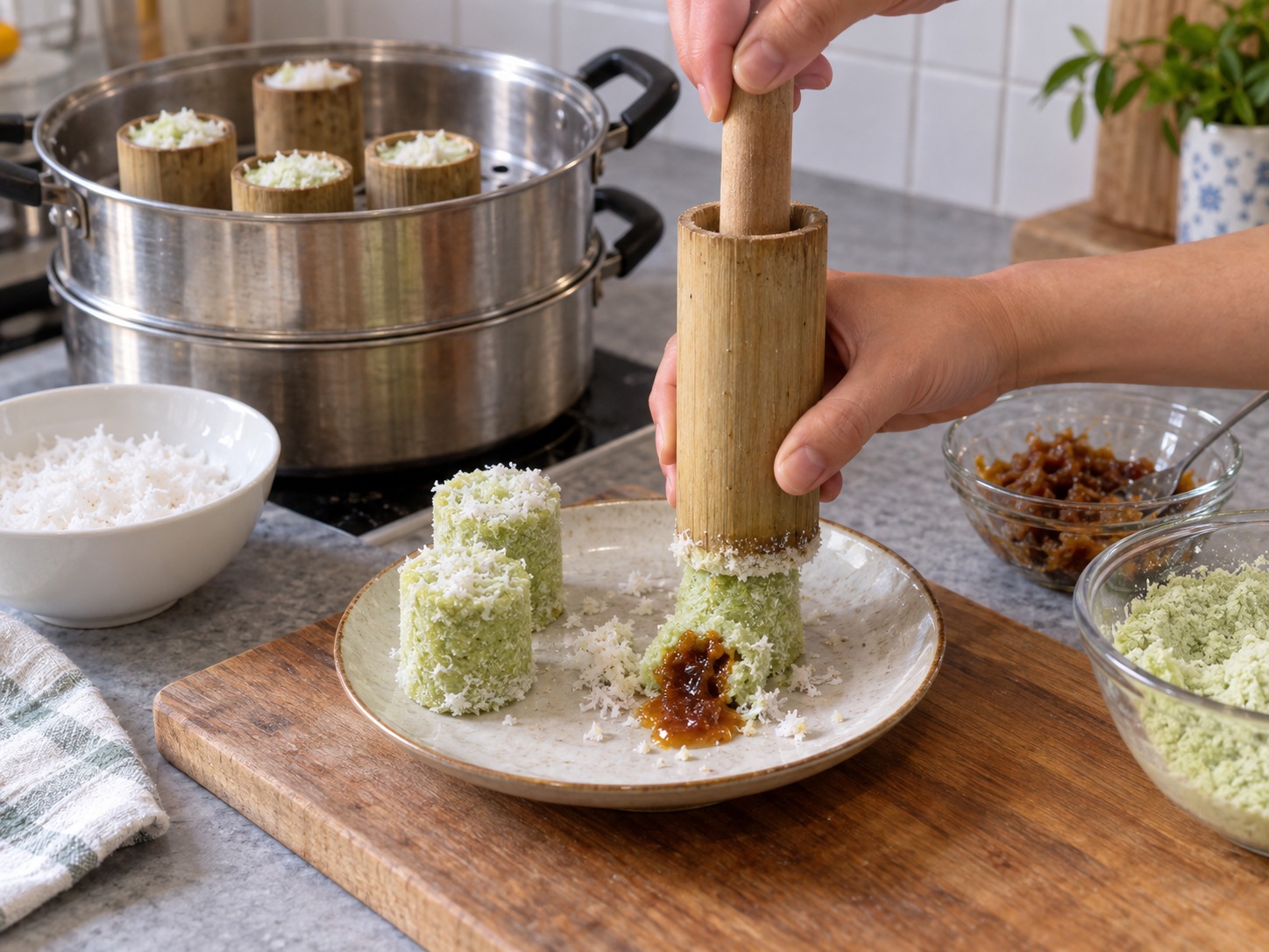 Indonesian Kue Putu — Push cakes out with a rod; the palm-sugar centre should be molten