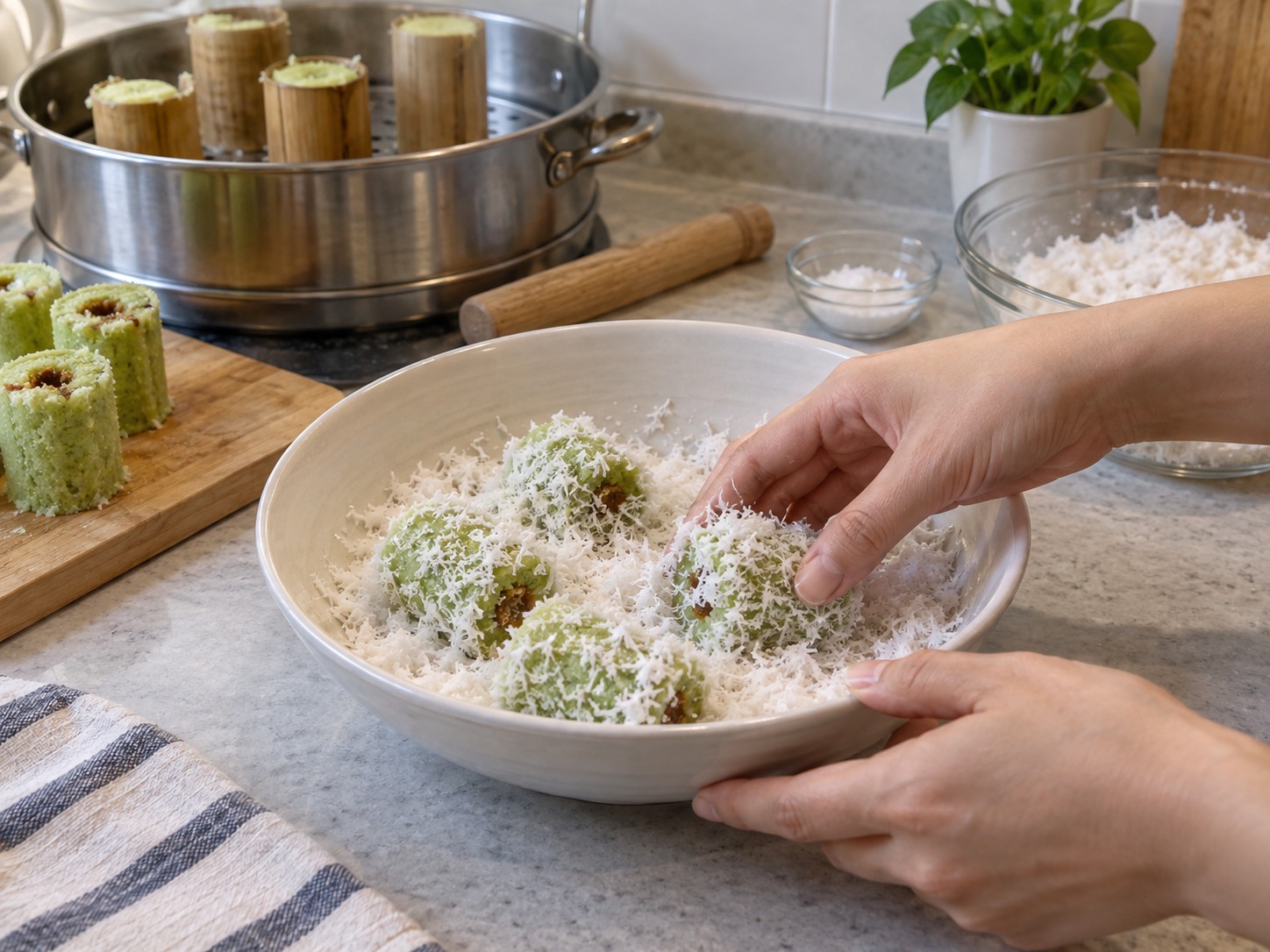 Indonesian Kue Putu — Roll the cakes in salted coconut, rest three to five minutes, and check the molten palm-sugar centre is safe to eat before serving