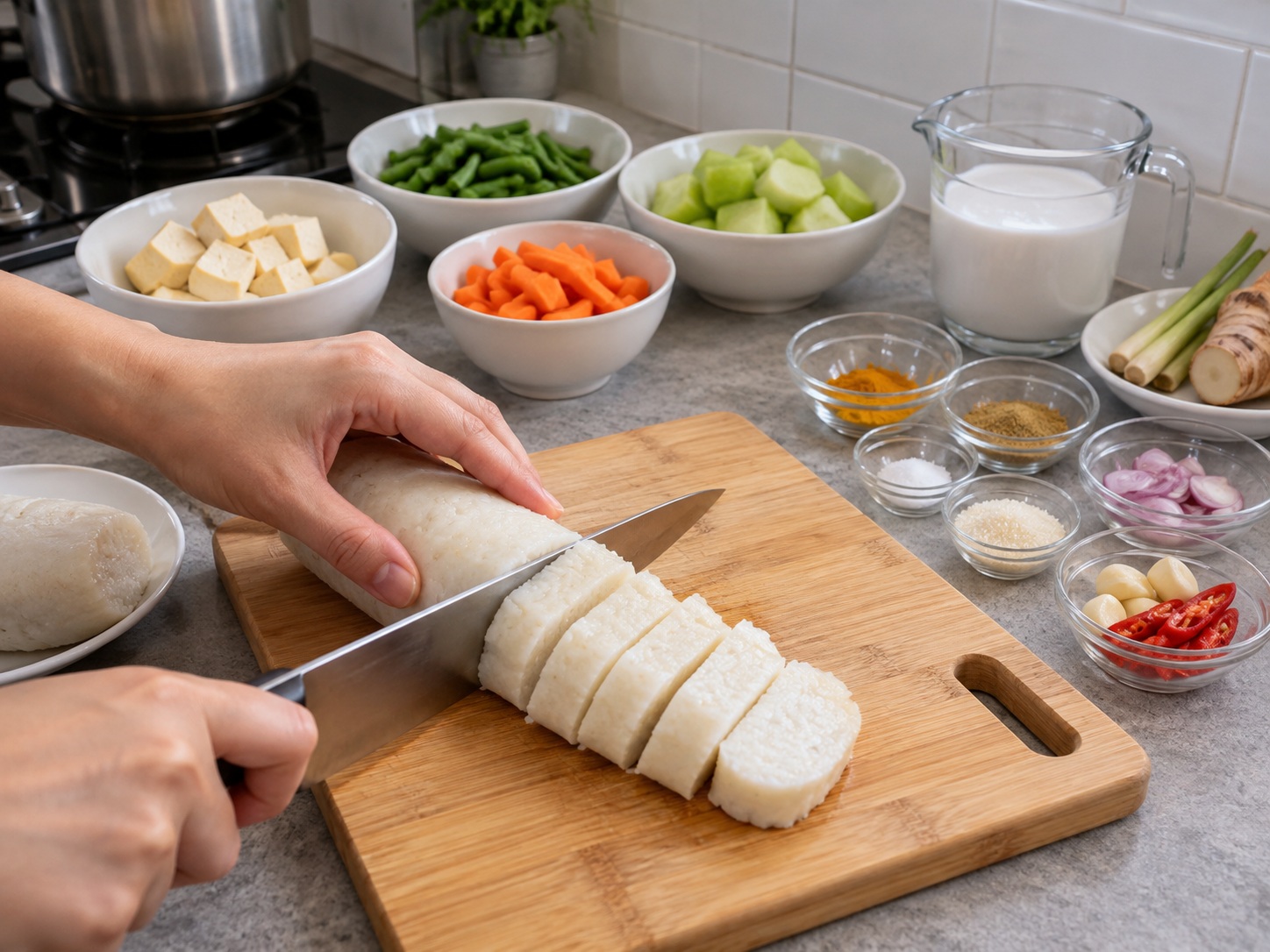Indonesian Lontong Sayur Coconut Vegetable Stew — Check cooked rice cakes